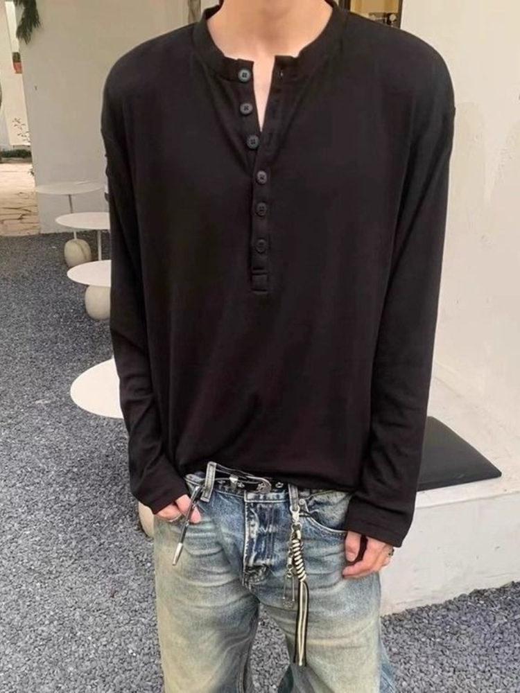 Street Fashion Hong Kong - Men's Cleanfit Waffle Henley Shirt Vintage