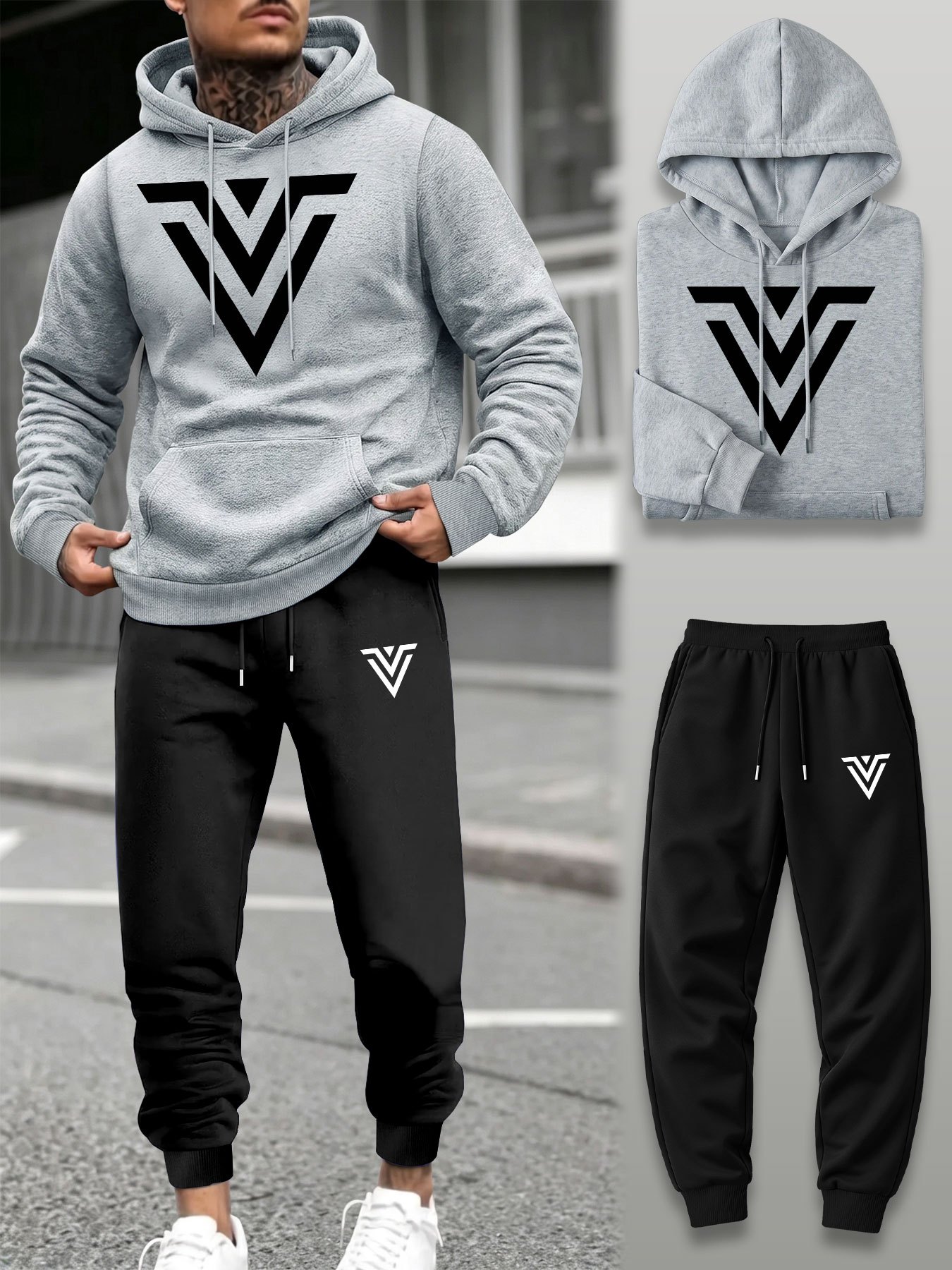 Running Pant Jogger - Men 2‑Piece Tracksuit V‑Shape Graphic Print